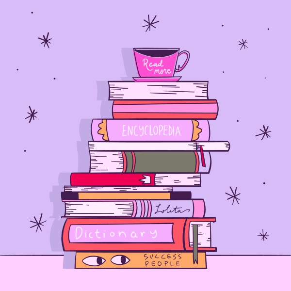Иллюстрация в светло-фиолетовой гамме, на которой изображены книги, аккуратно сложенные в стопку, и чашка кофе, размещенная сверху